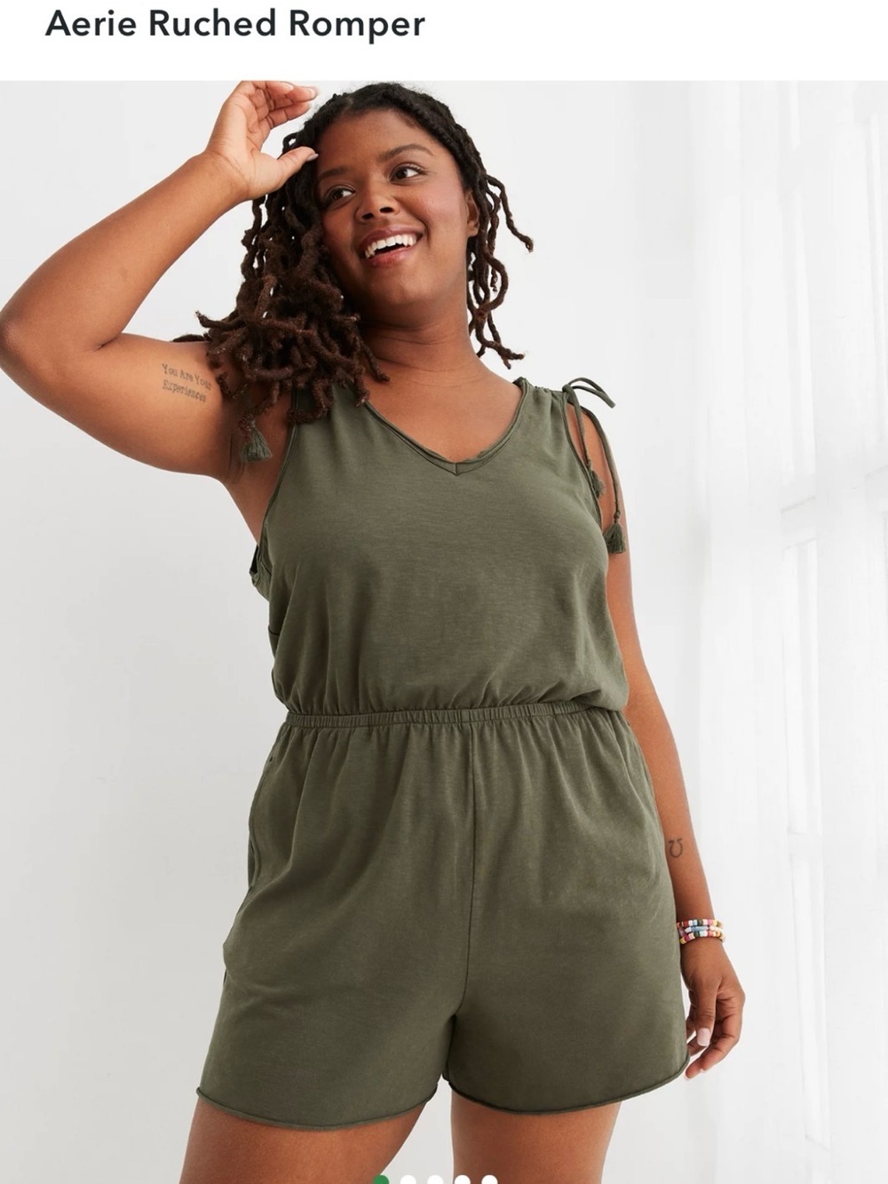 Aerie Ruched Romper Small/P Green - Picture 1 of 12
